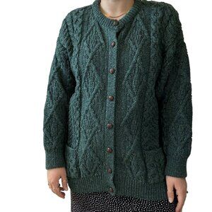Vintage Womens Emerald Green 100% Wool Irish Fisherman Chunky Cardigan Sz M